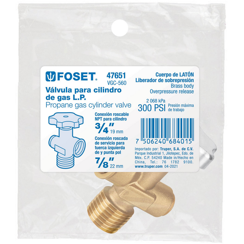 VALVULA PARA CILINDROS DE GAS LP HASTA 45 KG FOSET
