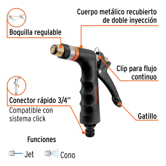 PISTOLA PARA RIEGO BOQUILLA REGULABLE, METAL-PVC 2 FUNCIONES