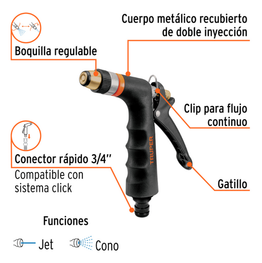 Pistola de riego con clip de flujo continuo y conector rápido 3/4, boquilla doble