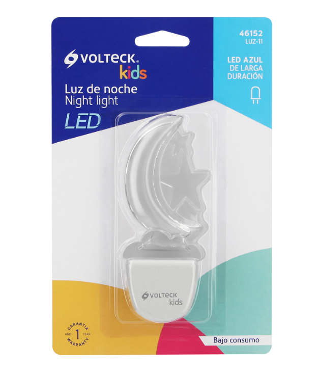 Luz nocturna LED Volteck Kids con forma de luna y estrella, en empaque; luz azul.