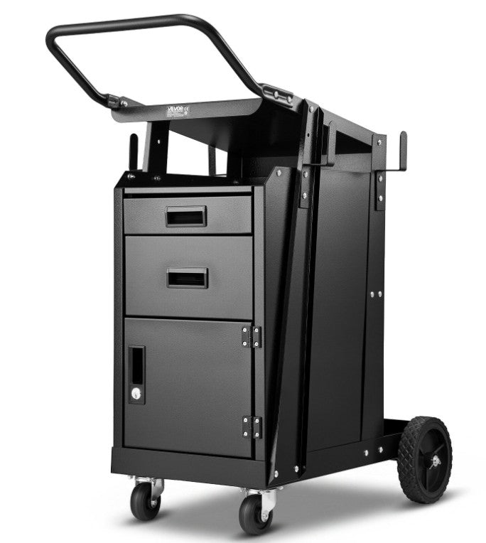 Gabinete para soldador de metal con 2 cajones y ruedas giratorias, manija lateral.