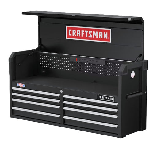 Gabinete tipo baúl negro con 8 cajones, frente con tiradores y rieles, logo CRAFTSMAN.