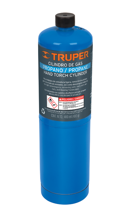 Tanque de gas propano TRUPER azul de 400 g con tapa negra y etiqueta