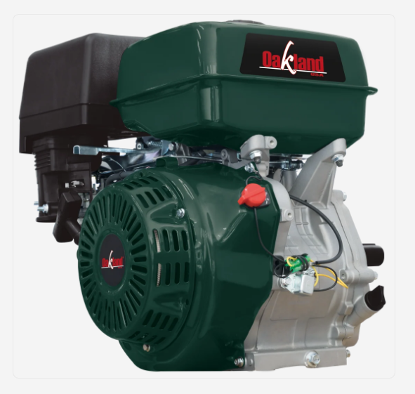 Motor a gasolina Oakland verde, 13 hp, 389 cc, vista frontal con botón rojo