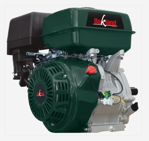 Motor a gasolina Oakland verde, 13 hp, 389 cc, vista frontal con botón rojo