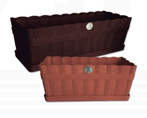 Maceta rectangular tipo madera, color chocolate, con base y bordes ondulados.