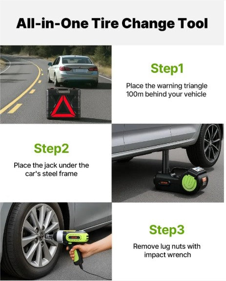 Gato eléctrico con llave de impacto y triángulo de advertencia, instrucciones