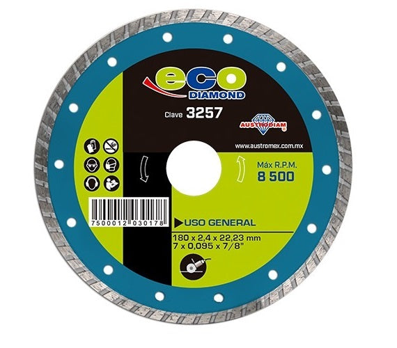 DISCO DE DIAMANTE 7" X 7/8" TURBO PARA ESMERILADORA, ECO DIAMOND