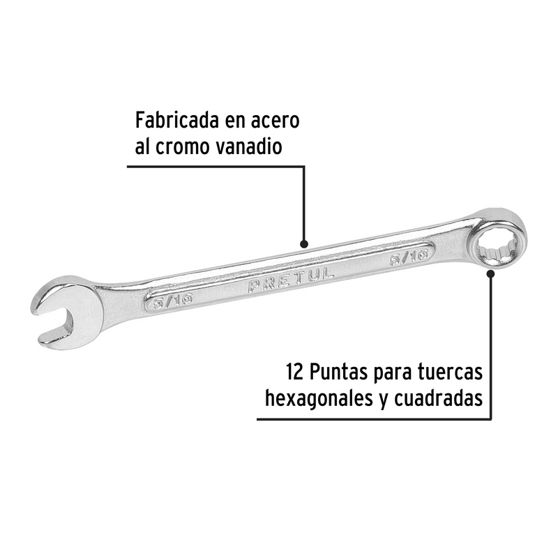LLAVE COMBINADA 5/16" X 120 mm DE LARGO PRETUL