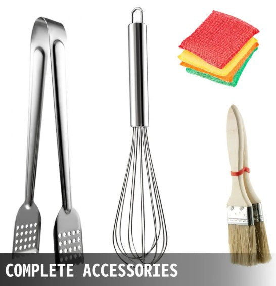 Accesorios de la máquina: batidor metálico, espátulas, brocha y paños