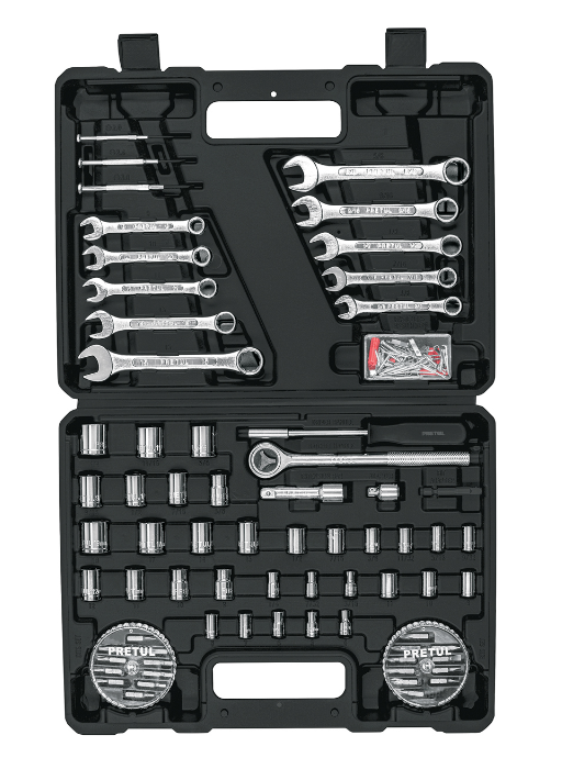 Juego de herramientas Pretul en estuche negro, con llaves y dados de trinquete