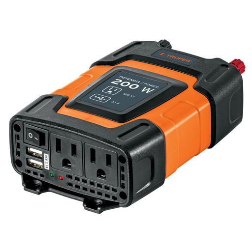 Inversor de corriente 200 W 2/12 naranja y negro con pantalla y tomas múltiples