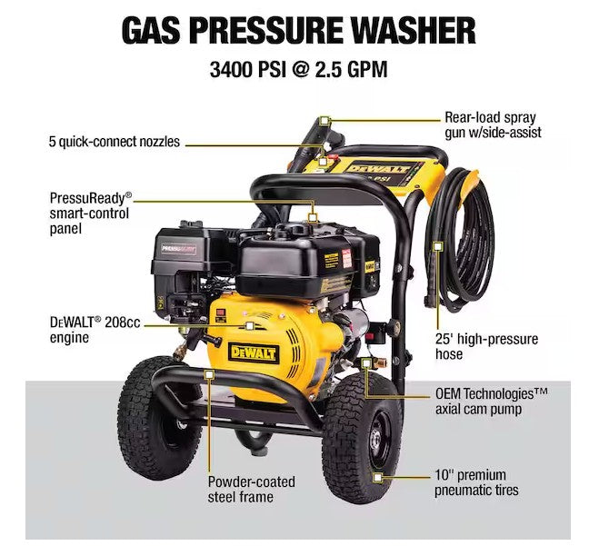 HIDROLAVADORA CON MOTOR A GASOLINA DEWALT, 3400 PSI, 2.5 GPM, ARRANQUE ELÉCTRICO