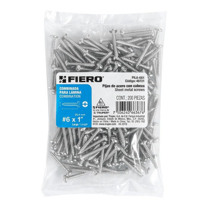 PIJA PARA LAMINA #6, 1" BOLSA CON 200 PIEZAS