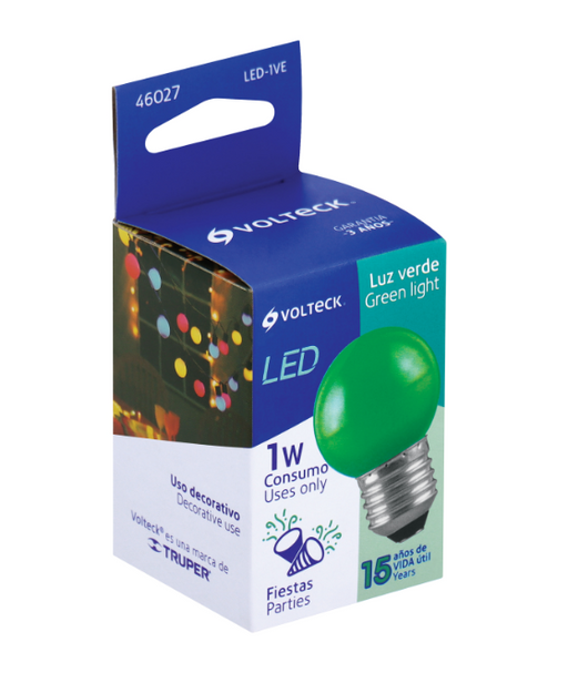 Caja de bombilla LED Volteck 1 W, luz verde, tipo bulbo