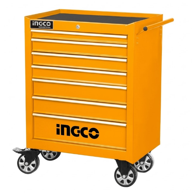 Gabinete metálico INGCO para herramientas, 7 cajones y ruedas, color naranja.