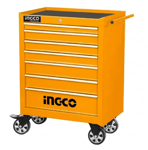 Gabinete metálico INGCO para herramientas, 7 cajones y ruedas, color naranja.