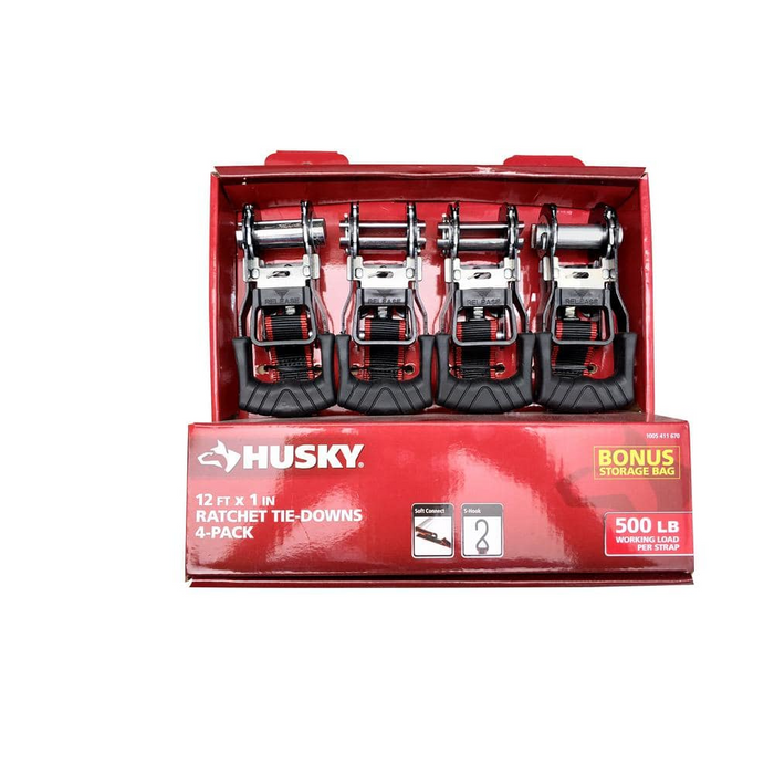 SUJETADORES TIPO TRINQUETE HUSKY DE 12FT X 1" 500LBS C/ 4 PZS