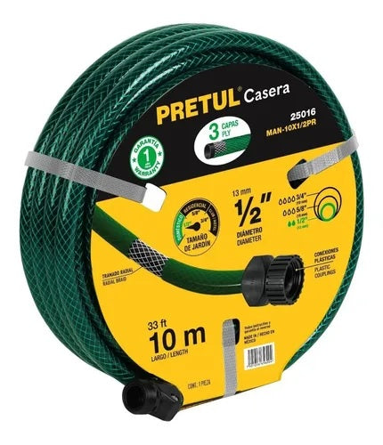 MANGUERA PARA JARDIN 1/2", 10 m, REFORZADA. 3 CAPAS, CONEX. PLASTICAS, "CASERA"