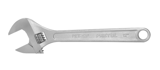 Llave ajustable cromada PRETUL de 12 pulg, boca abierta con ajuste dentado.