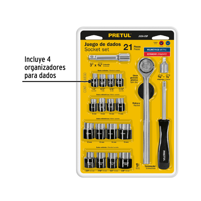 JUEGO DE 25 PZA DADOS CUADRO 1/4" Y 3/8" PRETUL