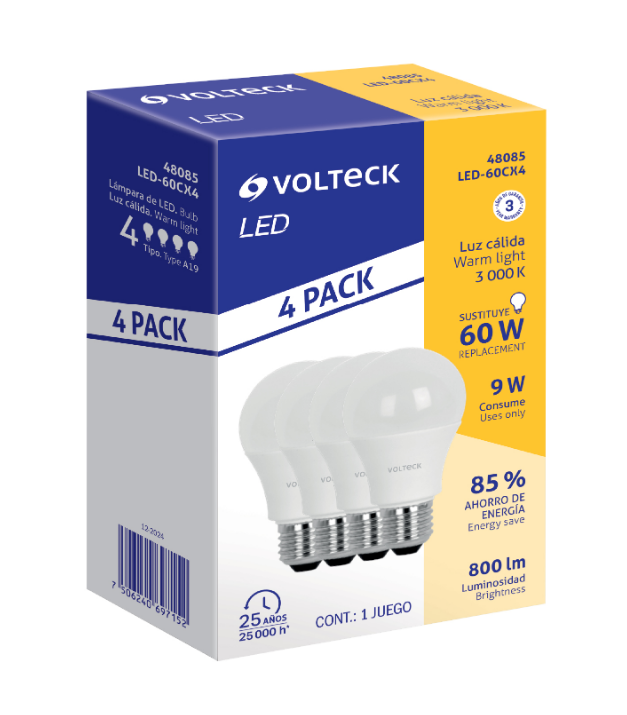 Paquete de 4 focos LED Volteck de 9 W, luz cálida, base roscada y ahorro de energía