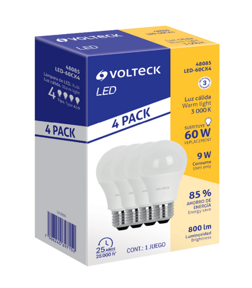 Paquete de 4 focos LED Volteck de 9 W, luz cálida, base roscada y ahorro de energía