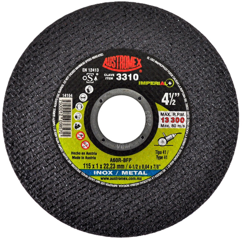 DISCO DE CORTE DE 4-1/2" 13,000RPM PARA INOXIDABLE Y METAL