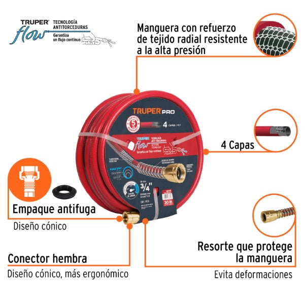 MANGUERA PARA JARDIN 3/4", 30 m, REFORZADA, 4 CAPAS, CONEX. DE LATON,