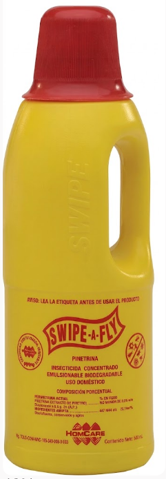 Botella amarilla de insecticida y repelente Swipe Fly, 500 ml, tapa roja.