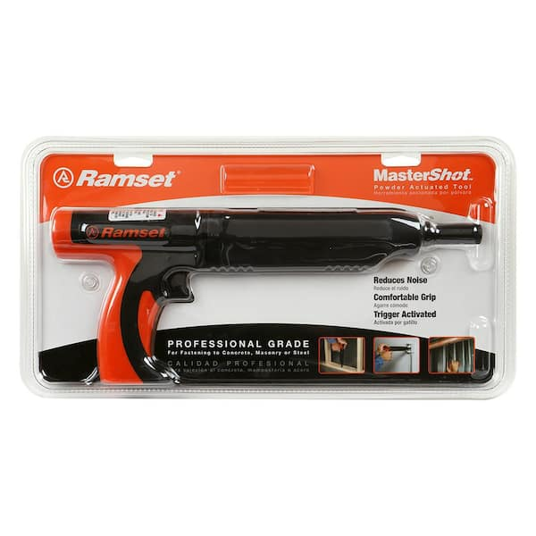 Pistola Ramset en estuche MasterShot transparente, cuerpo negro y mango naranja