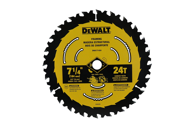 DISCO PARA SIERRA CIRCULAR PUNTA DE CARBURO 7-1/4” X 24 DIENTES FLECHA 5/8” DW17