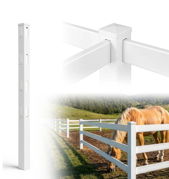 Valla de vinilo blanca estilo rancho con 3 rieles y poste