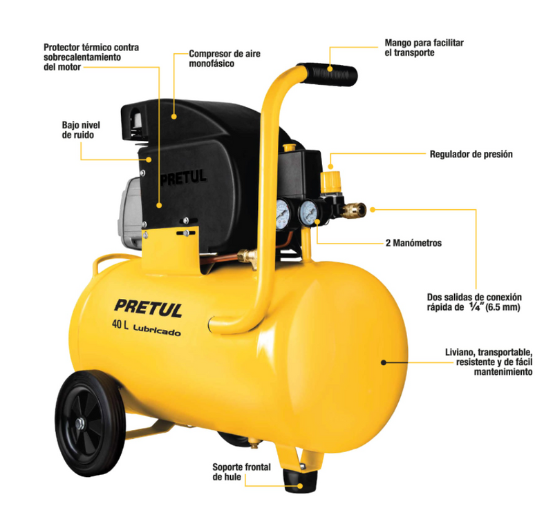 COMPRESOR DE AIRE 40 L, 2HP, 4.2 CFM @ 40 PSI, 3.2 CFM @ 90 PSI, PRETUL