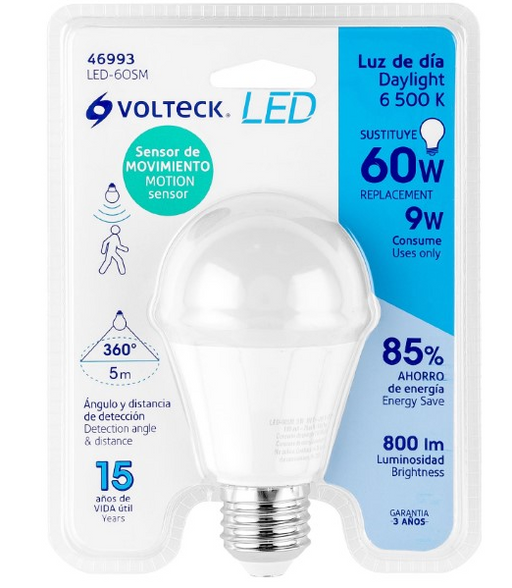 Bombilla LED tipo bulbo VOLTECK en empaque con sensor de movimiento y 6500 K