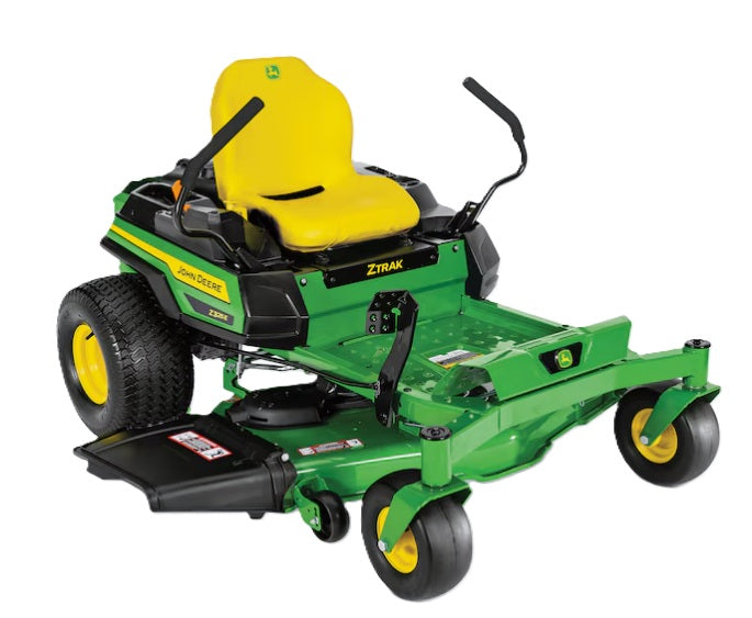 Cortacésped tractor John Deere ZTrak giro cero, asiento amarillo y chasis verde, ruedas grandes