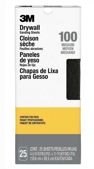 HOJA DE LIJA PARA TABLAROCA, 11-1/4", GRANO 100 3M, 25 PACK