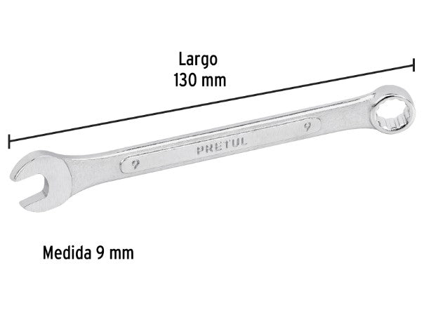 LLAVE COMBINADA MILIMETRICA 9 mm X 130 mm DE LARGO PRETUL