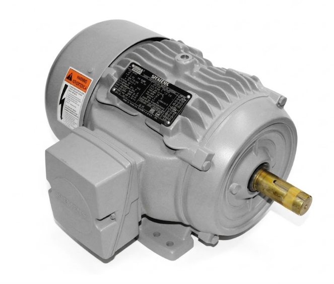 Motor eléctrico Siemens trifásico gris con eje y caja de bornes, vista lateral.