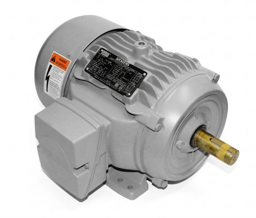 Motor eléctrico Siemens trifásico gris con eje y caja de bornes, vista lateral.