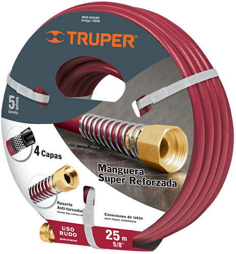 MANGUERA PARA JARDIN 5/8", 20 m, REFORZADA, 4 CAPAS, CONEX. DE LATON, "PRO"