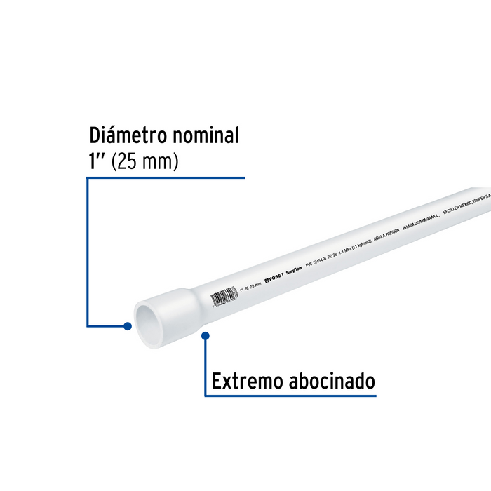 TUBO HIDRAULICO DE PVC, 3M, 1", RD 26
