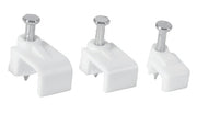 Grapa recta para cable plano con clavo metálico y base blanca, 3 unidades