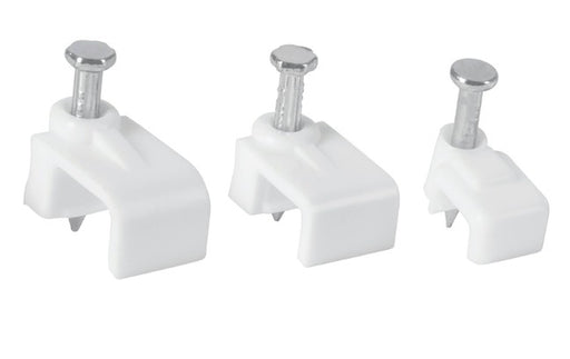 Grapa recta para cable plano con clavo metálico y base blanca, 3 unidades