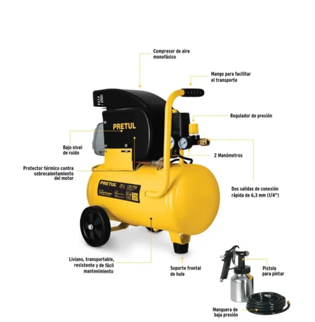 COMPRESOR DE AIRE 20 L, 1-1/2HP, 4.2 CFM @ 40 PSI, 3.2 CFM @ 90 PSI, PRETUL CON MANGUERA Y PISTOLA