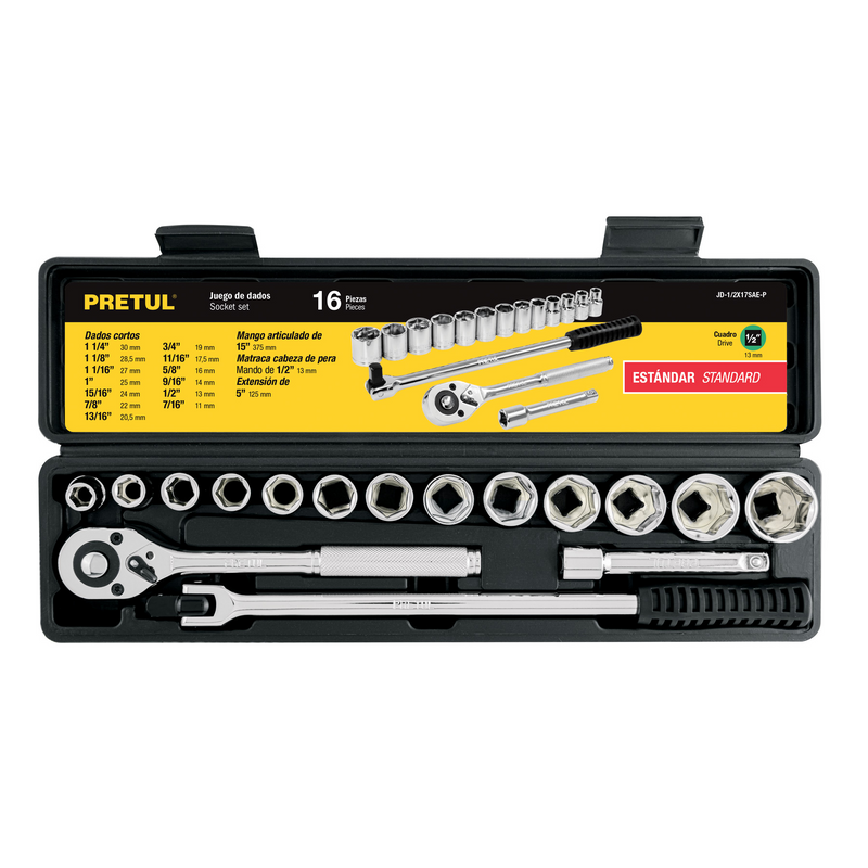 JUEGO DE DADOS CUADRO DE 1/2' STD 17 PZAS, PRETUL CON ESTUCHE