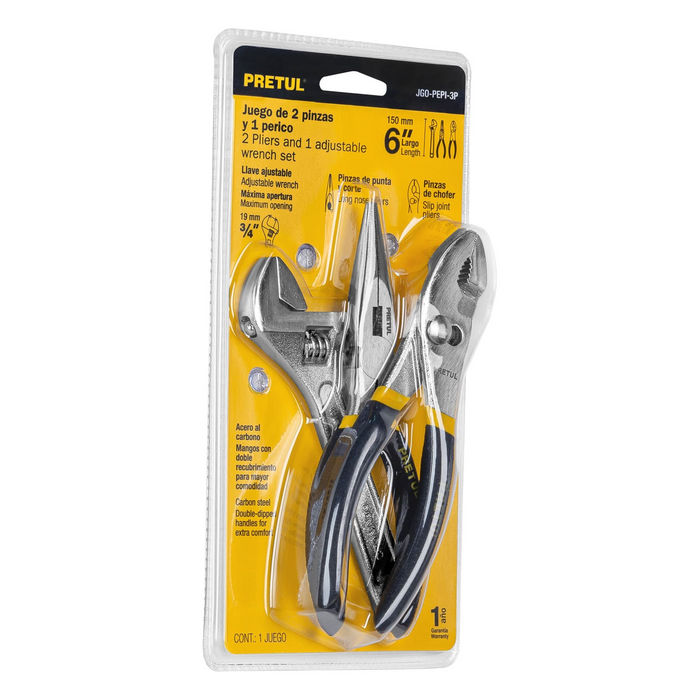 JUEGO DE 2 PINZAS Y 1 LLAVE AJUSTABLE 6" MANGO DE VINIL