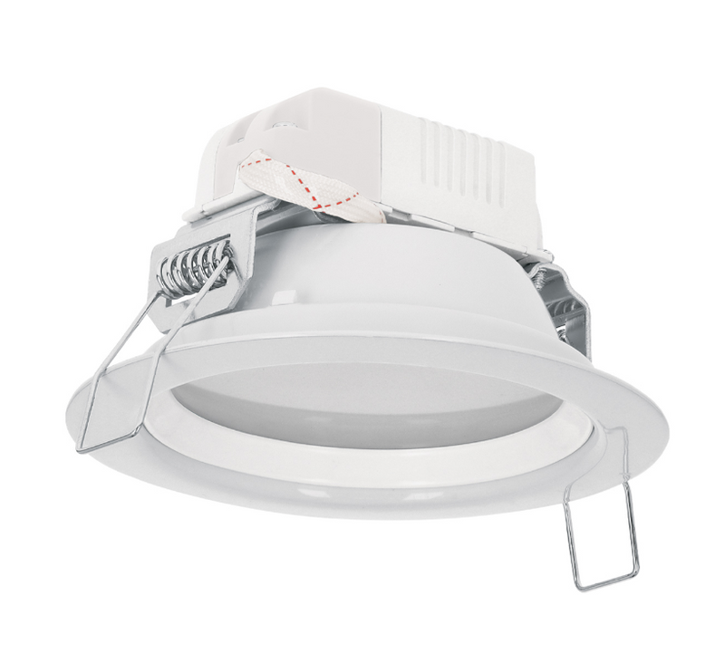 Luminario LED empotrable redondo blanco, con resortes de montaje.