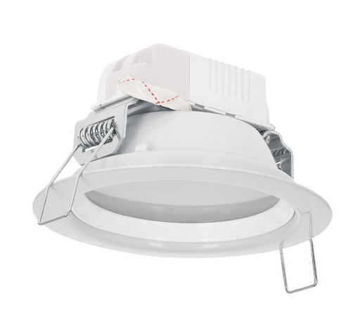Luminario LED empotrable redondo blanco, con resortes de montaje.
