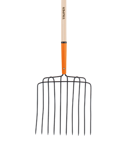 Bieldo de plástico para estiércol con mango de madera y 16 dientes negros